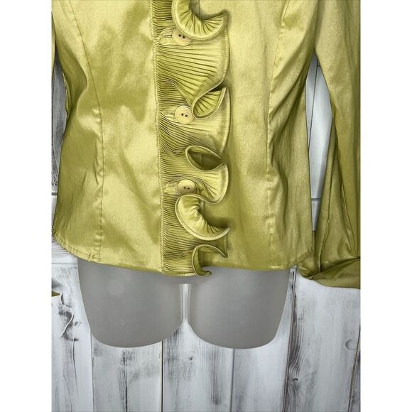 SAMUEL DONG LIME GREEN CHARTREUSE BUTTON UP WIRED RUFFLE COLLAR STRETCH SHIRT S - Picture 2 of 15